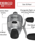 33 Platinum Spincast Fishing Reel With No-Tangle Design, Dial Adjustable Drag, QuickSet Anti-Reverse, Durable Silver Finish