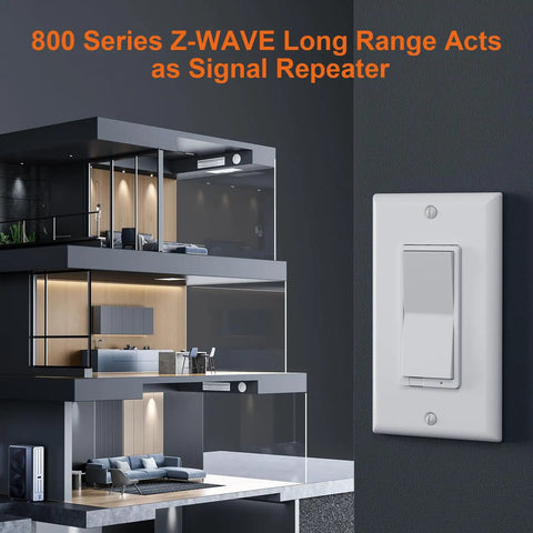 Z-Wave Plus 3-Way Smart Dimmer Switch With Built-In Repeater on modern wall next to smart home model