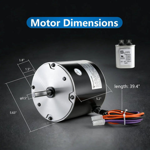 Premium Condenser Fan Motor 1/3 HP 1075 RPM 208 230V AC Replacement Component Featuring Copper Core Engineering, showing motor dimensions.