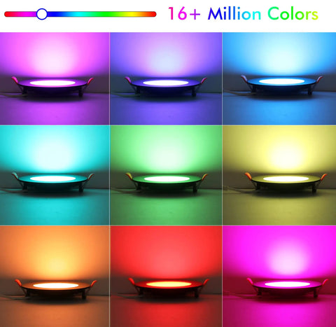 Smart WiFi 6 Inch RGB LED Recessed Lights displaying 16+ million colors, color changing, compatible with Alexa and Google Home.