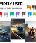 Hella Reliable 120 Piece Mini Blade Automotive Fuse Assortment Kit With Bright Color Coding And Ultra Heavy Duty Connector Clips For Cars Trucks Vans And Suvs displayed with various color-coded fuses.