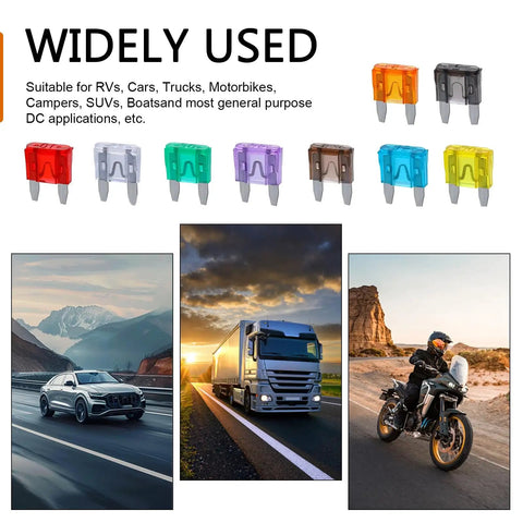 Hella Reliable 120 Piece Mini Blade Automotive Fuse Assortment Kit With Bright Color Coding And Ultra Heavy Duty Connector Clips For Cars Trucks Vans And Suvs displayed with various color-coded fuses.