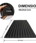 Top Tier Acoustic Foam Panels 2 Pack Wall Mounted Sound Absorbing Tiles 48x24x2 Inch black foam with pyramid design and dimensions shown.