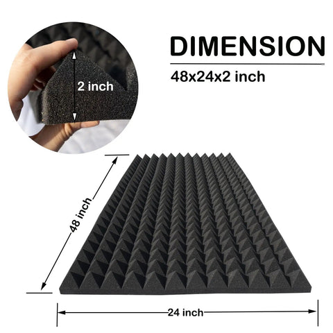 Top Tier Acoustic Foam Panels 2 Pack Wall Mounted Sound Absorbing Tiles 48x24x2 Inch black foam with pyramid design and dimensions shown.