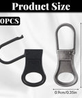 10 Pack Detachable Zipper Pull Tabs Replacement Kit In Black And Silver Gray For Jackets Jeans Backpacks Purses Luggage And More Quick Fix For Small Zipper Holes shown with size details