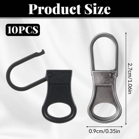 10 Pack Detachable Zipper Pull Tabs Replacement Kit In Black And Silver Gray For Jackets Jeans Backpacks Purses Luggage And More Quick Fix For Small Zipper Holes shown with size details