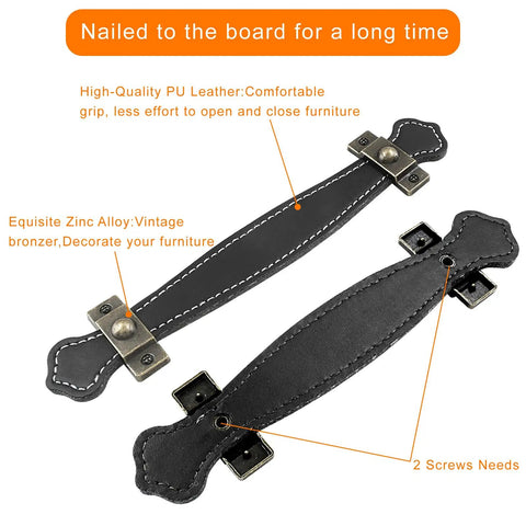 4 Pack Black PU Leather Drawer Pulls 7.6 Inch Vintage Leather Cabinet Handles with mounting screws, top view showing design details