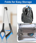 Front view of PECEBO 32-inch foldable reacher tool with rotating jaw and magnet; shown with a backpack and open travel bag.