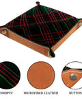 Slick Dark Green Tartan Valet Tray For Nightstand And Desk Go To Catch All Storage Dish For Keys Coins Watch Jewelry And Wallet Durable Microfiber Leather Organizer Pad with buttons and detailed stitching.