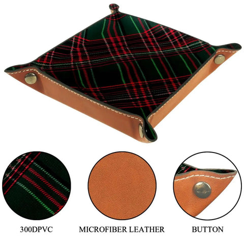 Straight Fire Dark Green Tartan Valet Tray For Nightstands And Desks Microfiber Leather Catch All Organizer with buttons and texture.