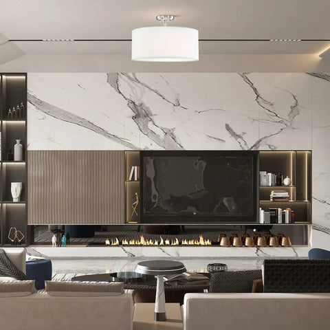 Fabric Drum Shade Semi Flush Mount Ceiling Light With PS Diffuser Off White Fabric Brushed Nickel Finish Modern Vibe