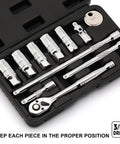 11 Piece Spark Plug Socket Set With 3/8 Inch Drive Ratchet, Universal Joint, And Extensions Including 5/8, 3/4, 13/16, 14mm, 18mm Sockets With Spark Plug Gap Tool In CR V Steel With Rubber Holder Ring, in case