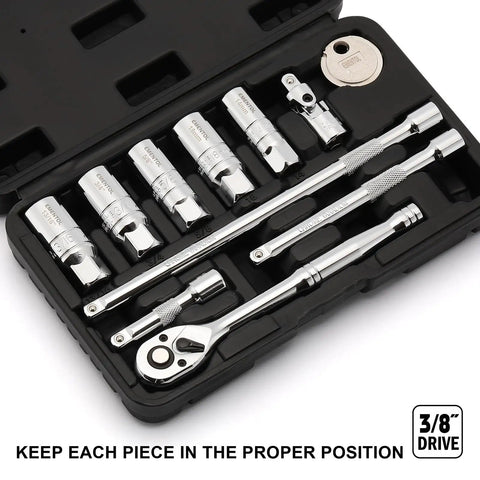 11 Piece Spark Plug Socket Set With 3/8 Inch Drive Ratchet, Universal Joint, And Extensions Including 5/8, 3/4, 13/16, 14mm, 18mm Sockets With Spark Plug Gap Tool In CR V Steel With Rubber Holder Ring, in case