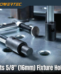 Heavy Duty Welding Clamp With T Handle, 6-1/2 Inch Opening And 3-1/4 Inch Throat Depth, shown fitting 5/8 inch welding table hole