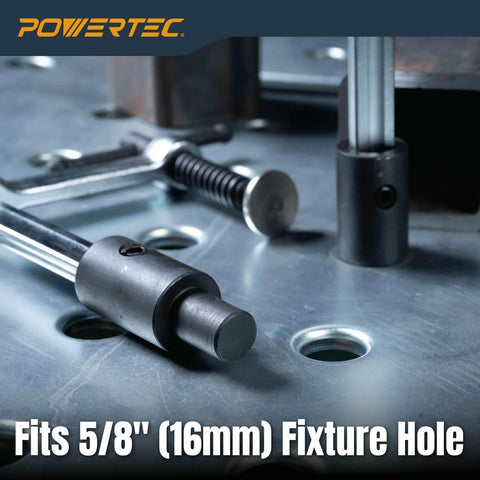 Heavy Duty Welding Clamp With T Handle, 6-1/2 Inch Opening And 3-1/4 Inch Throat Depth, shown fitting 5/8 inch welding table hole