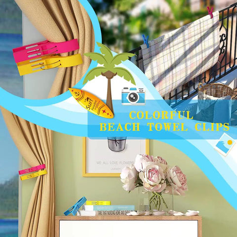 Heavy Duty Beach Towel Clips For Chairs And Loungers in pink and yellow clamping curtain, blue clip on book, beach scene background
