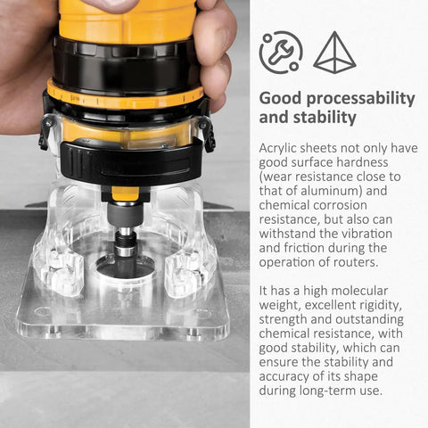 Replacement Sub Base Clamp A27941 For DeWalt DWP611 DCW600 450PK Routers in use on acrylic sheet