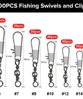 200 Pack Heavy Duty Fishing Snap Swivels Set With Dual Rolling Swivels For Ultra Smooth Spin And Anti Tangle Performance Type B Carbon Steel Lure Connectors Perfect For Freshwater And Saltwater Tackle, assorted sizes #6-#14