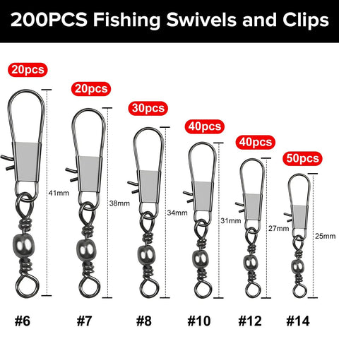 200 Pack Heavy Duty Fishing Snap Swivels Set With Dual Rolling Swivels For Ultra Smooth Spin And Anti Tangle Performance Type B Carbon Steel Lure Connectors Perfect For Freshwater And Saltwater Tackle, assorted sizes #6-#14
