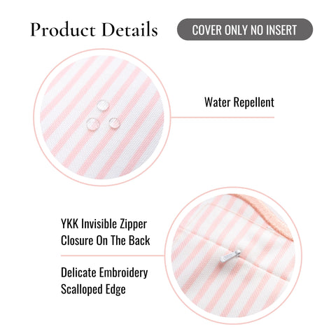 Chill Coastal Patio Lumbar Pillow Cover 12x20 Inches Water Repellent Indoor Outdoor Blush Pink Stripes With Scalloped Edge Hidden Zipper