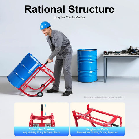 Heavy Duty 55 Gallon Drum Cradle Cart With Smooth Rolling Wheels Moves Drums Super Easy Holds Loads Up To 600 Lbs Rock Solid Industrial Steel Frame Strong Enough For Workshop Garage And Warehouse Keeps Floors Safe From Damage, man moving blue drum in workshop