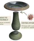 Pedestal Bird Bath With Solar Fountain For Outdoor Garden Decor Resin Stone Composite Standing Bird Bath For Patio And Yard No Fuss Install 23 Inch Tall Hummingbird Bowl Water Feature showing assembly instructions and stability tips