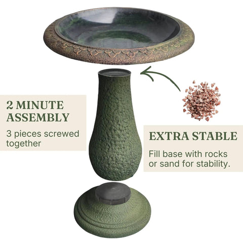 Pedestal Bird Bath With Solar Fountain For Outdoor Garden Decor Resin Stone Composite Standing Bird Bath For Patio And Yard No Fuss Install 23 Inch Tall Hummingbird Bowl Water Feature showing assembly instructions and stability tips