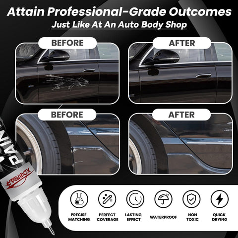 Color Accurate Black Car Touch Up Paint Kit For A Slick, Seamless Scratch Repair With Quick Dry, glossy before and after.
