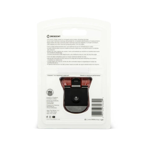 Back view of ControlTouch Nite Eye Tape Measure With Anti Pinch Lock, showing packaging and Crescent brand details.