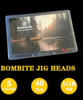 Crappie Jig Heads 40 Pack One Thirty Second Ounce Swimbait Jigs With V Sharp Barbed Hooks visible in plastic case.
