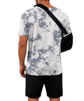 Man wearing Shoulder Surgery Shirt For Men With Easy Snap Front And Side Openings, hospital gown alternative, camo design