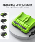 24V Dual Port Battery Charger with Smart LED Indicator, dual fast charging on benchtop, green plastic design, fits 24V batteries.