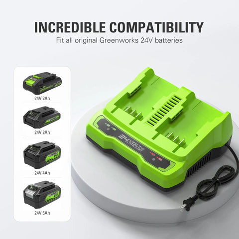 24V Dual Port Battery Charger with Smart LED Indicator, dual fast charging on benchtop, green plastic design, fits 24V batteries.