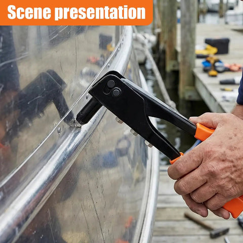Rivet Gun Kit With Four Heads And 100 Rivets For Metal Plastic And Leather Heavy Duty Hand Riveter Set in use on metal surface