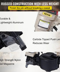 Close-up of Coil Siding Nailer CN55 with aluminum body, carbide push lever, nylon nail magazine for siding decking uses