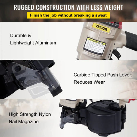 Close-up of Coil Siding Nailer CN55 with aluminum body, carbide push lever, nylon nail magazine for siding decking uses
