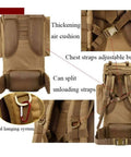 Khaki Large Capacity Outdoor Backpack for Camping and Travel showing adjustable straps and external hanging system.