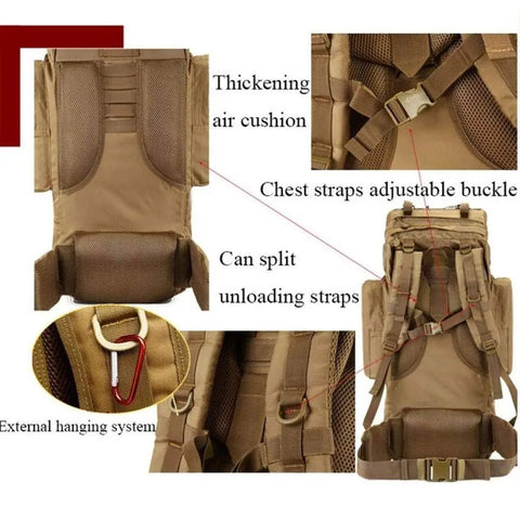 Khaki Large Capacity Outdoor Backpack for Camping and Travel showing adjustable straps and external hanging system.