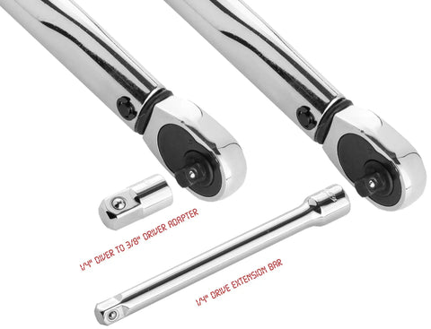1/4 Inch Drive Click Torque Wrench For Pros With Dual Range Scale 20-200 Inch-Pounds and accessories including adapter and extension bar.