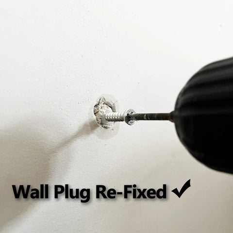 Close-up of wall repair using 20 Pack Drywall And Masonry Wall Repair Kit For Heavy Duty Hole Patches in a white plaster wall.