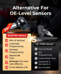 Comparison of 20-piece Autel MX-Sensor vs OE TPMS Sensor with dual-frequency 315MHz and 433MHz capabilities shown.