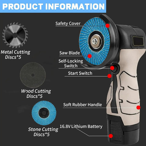 Cordless Brushless Angle Grinder Kit With Dual 16.8V 2000mAh Batteries Includes 20 Cutting Discs, product details labeled.