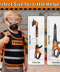 Kid Friendly Gardening Tools Set with vest, goggles, 2-in-1 lawn mower, and leaf blower toy, child giving thumbs up