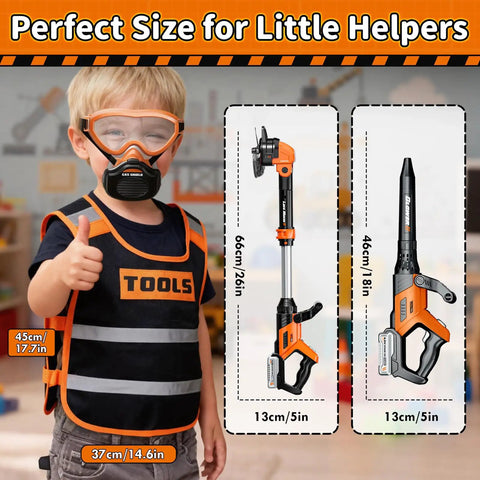 Kid Friendly Gardening Tools Set with vest, goggles, 2-in-1 lawn mower, and leaf blower toy, child giving thumbs up