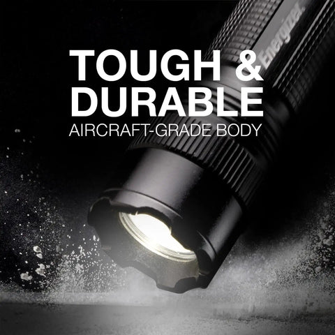 Heavy Duty Tactical LED Flashlight For EDC, Camping And Emergencies, Water Resistant Aluminum Body Torch With Beast Mode Bright Output, Rugged Build, Includes CR123 Battery, Black close-up with text "Tough & Durable Aircraft-Grade Body"
