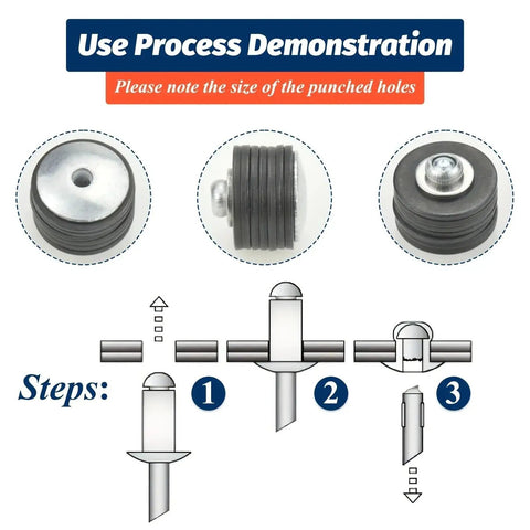 260 Piece Pro Grade Aluminum Blind Rivet Kit With 12 Sizes For Metal Work, Quick Install Pop Rivets Set, Heavy Duty Riveting Assortment For Auto, DIY, Home Projects And Fabrication Tasks showing rivet use steps