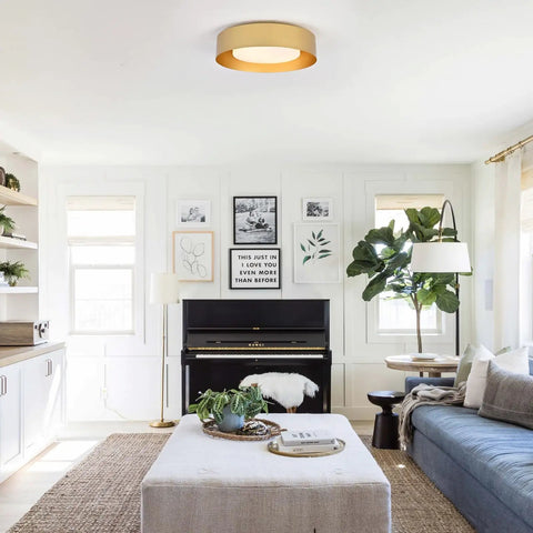 Living room with Dope White And Gold Flush Mount Ceiling Light With Modern Minimalist Flair, 16.5 inch fixture