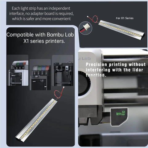 Upgrade LED Light Strip Kit For Bambu Lab X1 Series 3D Printers X1C X1E, High Brightness 5V LED Light Bar shown on printer.
