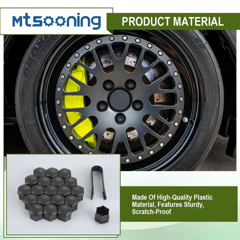 21 Piece Car Wheel Nut Cap Set With 21mm Universal Lug Covers And Remover Clip Black Waterproof Dustproof All Weather Hub Bolt Head Protectors For Auto Tires Durable And Easy To Install displayed on alloy wheel with close-up of cap material