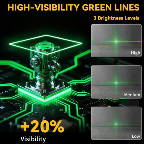 Ultra Precise 4x360 Degrees Self Leveling Laser Level Kit with green cross line and different brightness levels, showing high visibility.
